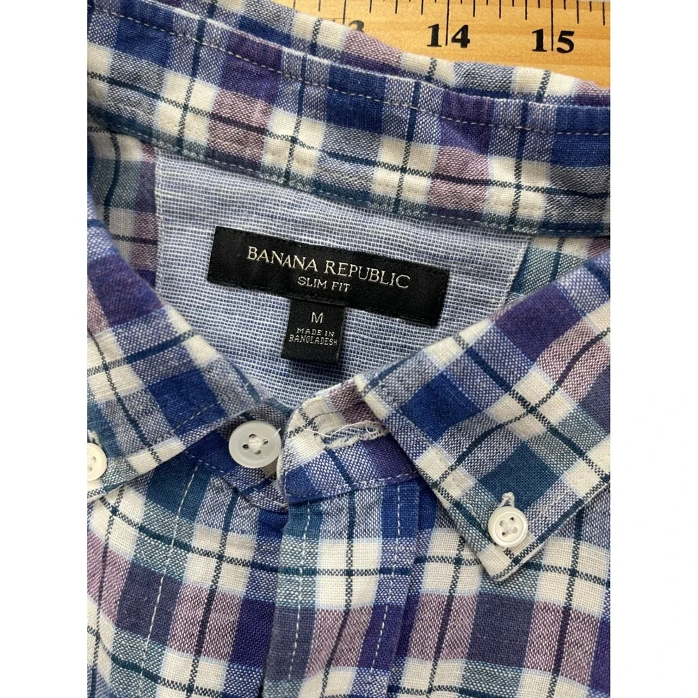 Banana Republic Mens Slim Fit Linen Cotton Plaid Button Down Shirt Blue Purple M